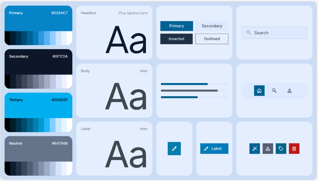Google Stitch design system generation showing color palette tokens, typography hierarchy, and component states