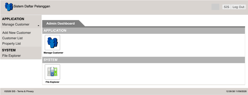 Original legacy PHP 5 system admin dashboard titled Sistem Daftar Pelanggan with vintage grey sidebar and icons